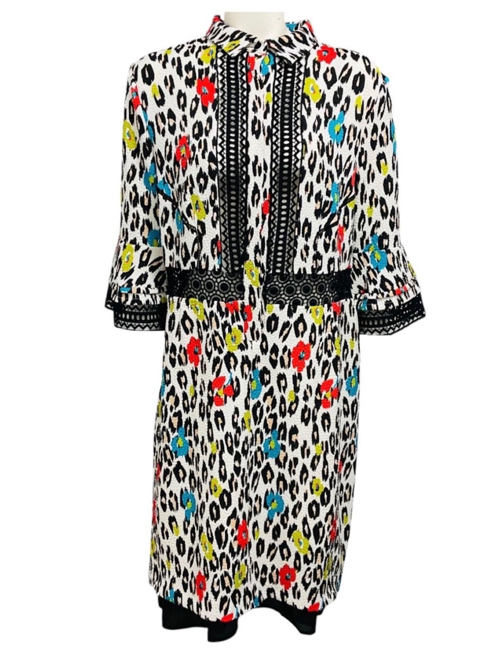 TALBOT RUNHOF WHITE / RED / BLACK MULTI LEOPARD PRINTED LACE TRIMMED MIDI DRESS